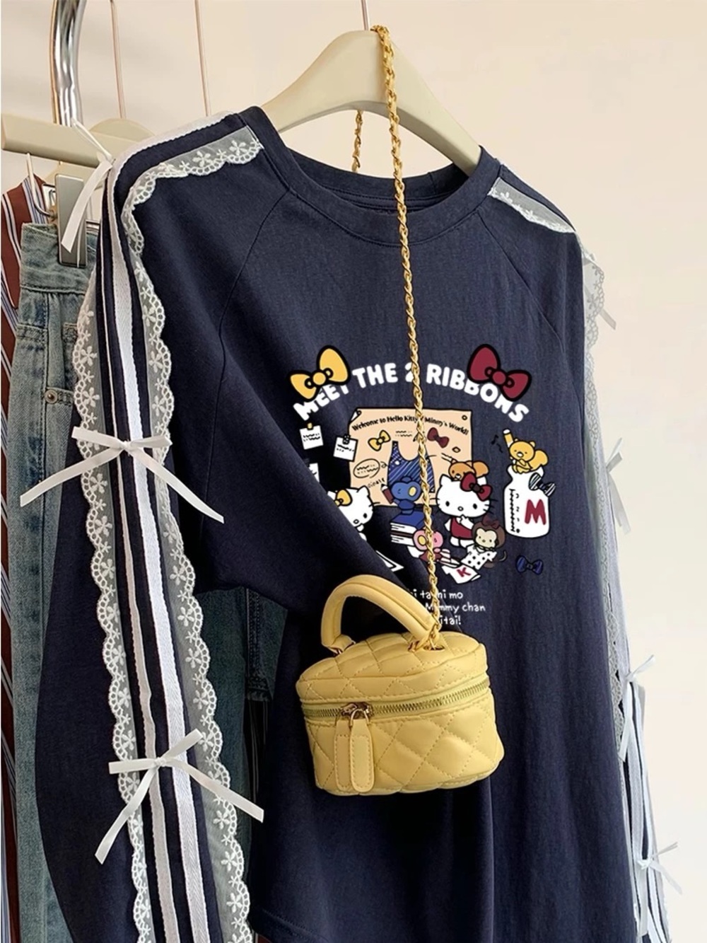 Hello Kitty Graphic Navy Sweatshirt with Lace Sleeves